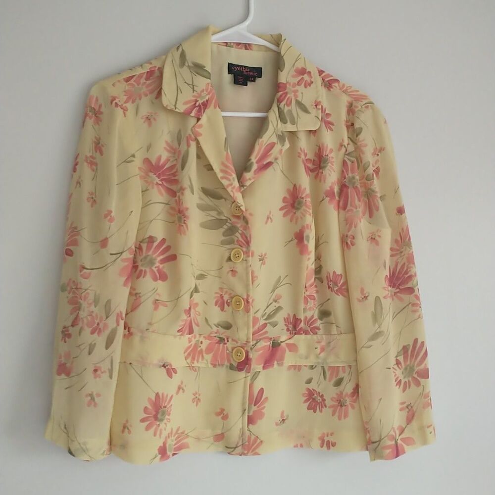 Cynthia Howie Blazer Blouse Womens 12 Yellow Pink Floral 100%Silk Lined 3/4Sleev